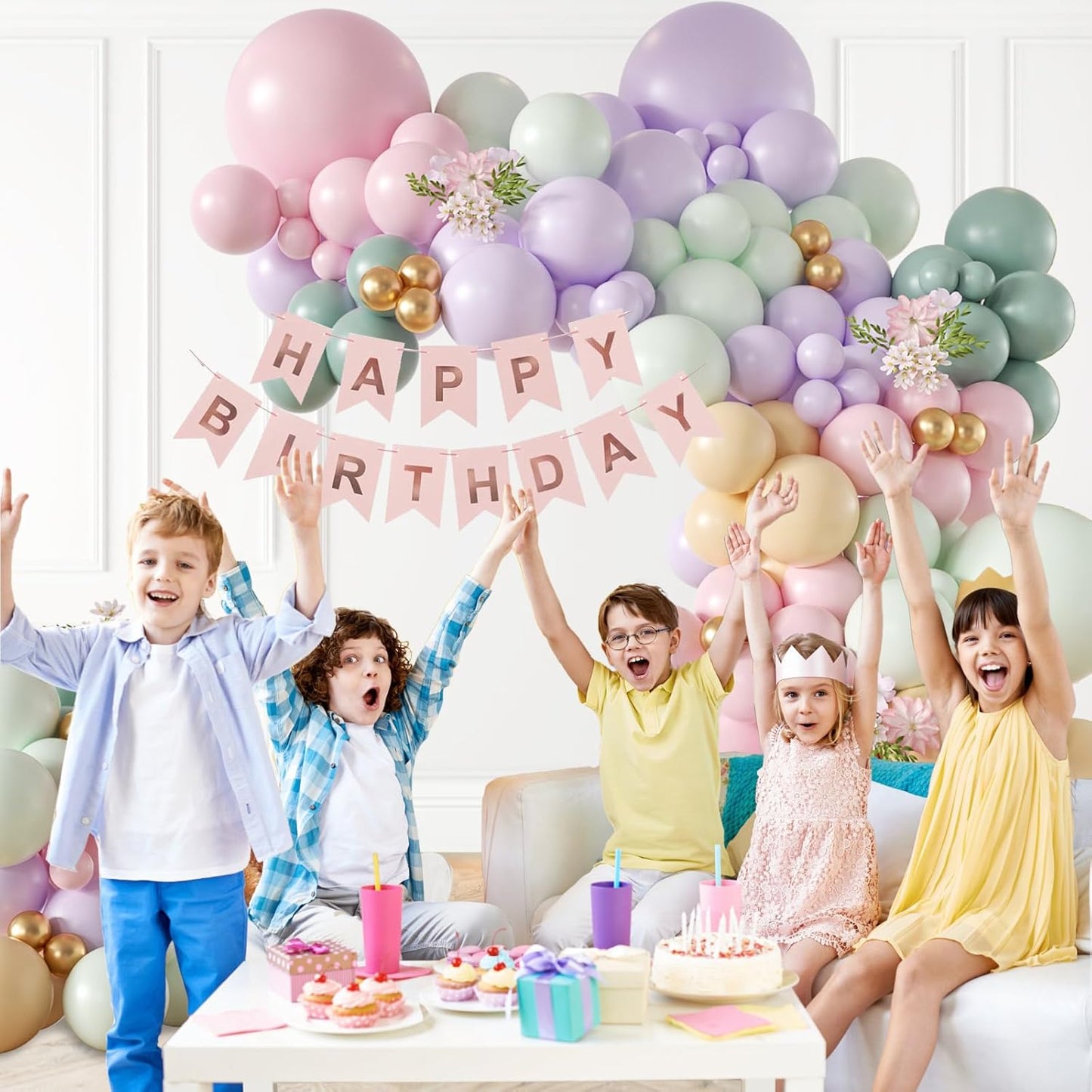 157pcs Pastel Pink and Purple Balloon Arch Garland Kit, Pink Purple Teal Light Green Nude Metallic Gold Latex Balloons for Baby Shower Spring Garden Tea Party Decorations