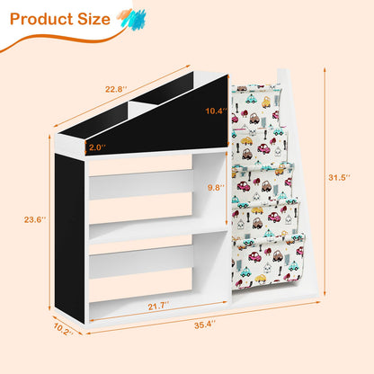 White Kids Bookshelf Wood Toy Storage Organizer Cabinet Children Bookcase Toddler Baby Sling Book Rack 3 Cube Bins Fabric Drawers for Playroom Bedroom Nursery School