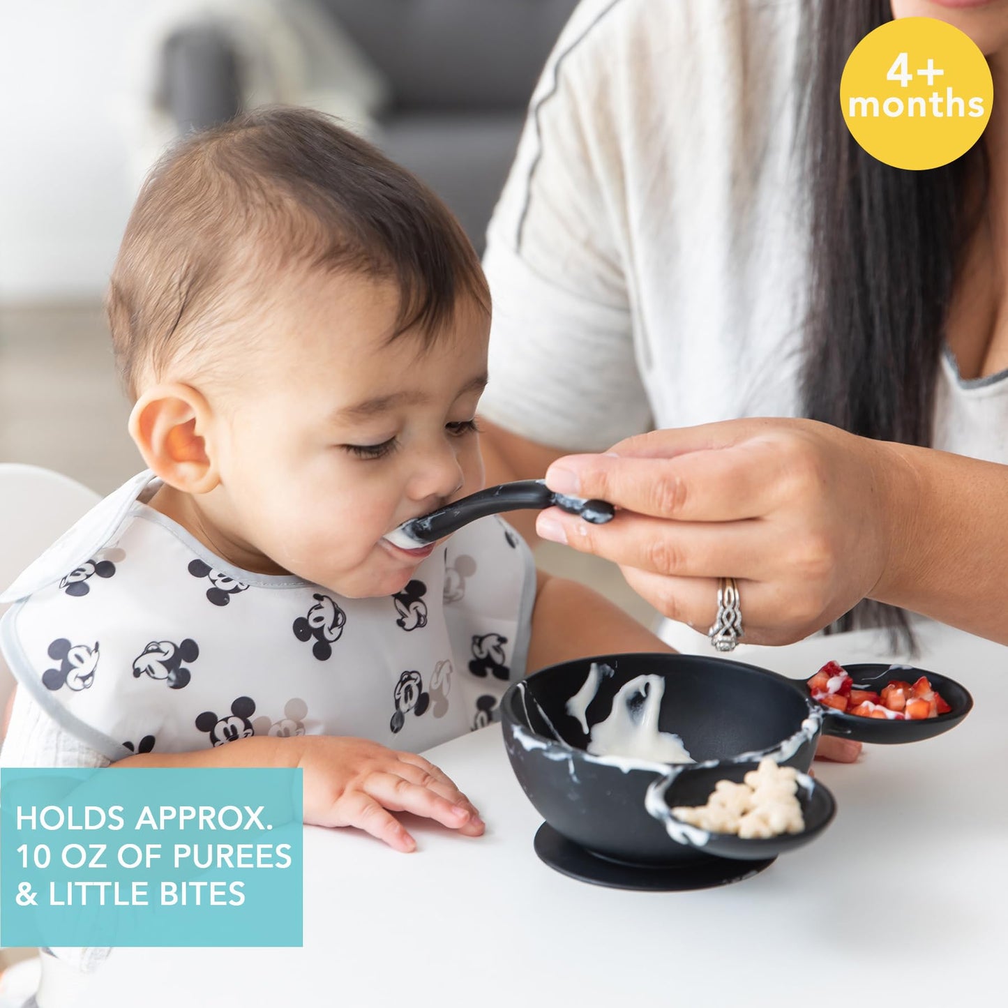 Bumkins Baby Bowls, Disney Minnie Mouse Silicone Baby Feeding Set, Suction Bowls for Baby and Toddler with Spoon, First Feeding Set, Platinum Silicone Bowl for Babies 4 Months