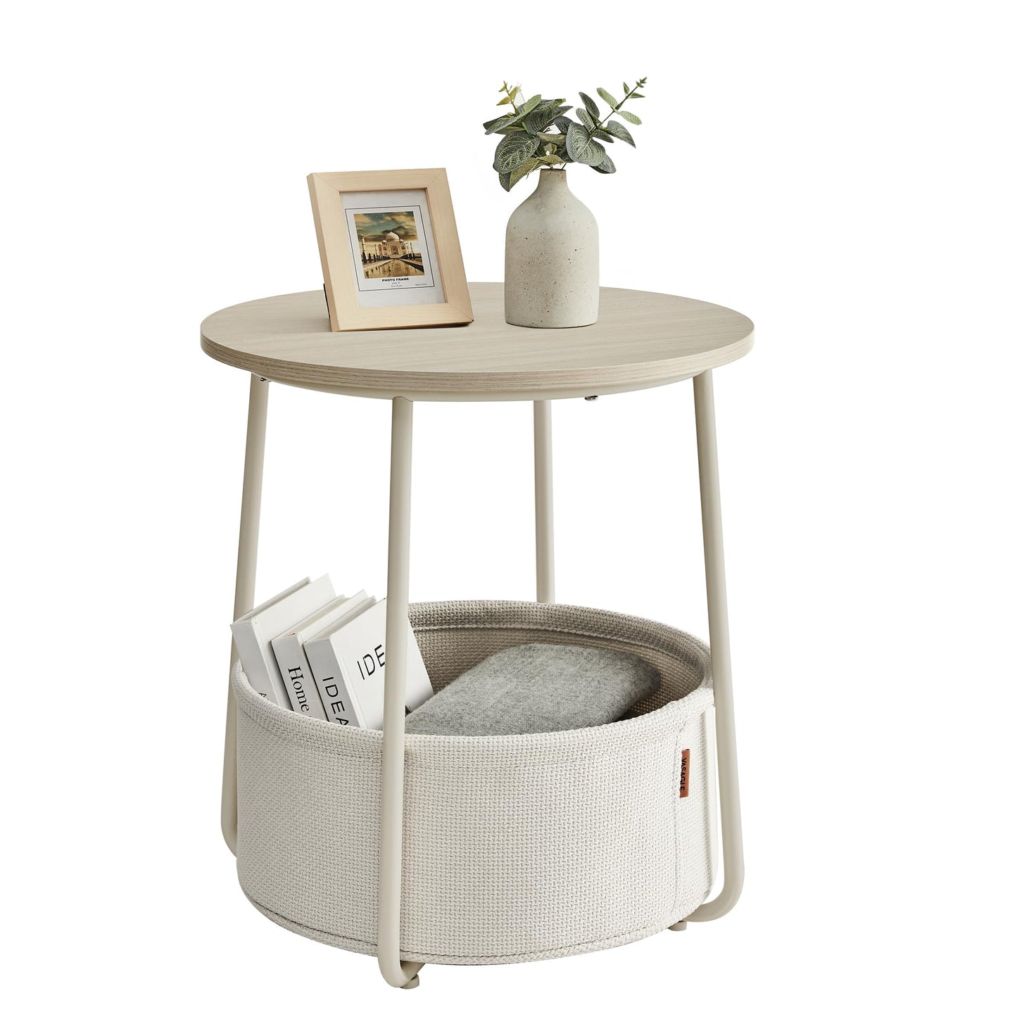 VASAGLE End Table, Small Bedside Table with Fabric Basket, Modern Nightstand, Round Side Table, for Living Room, Bedroom, Matte White and Camel Brown ULET223W10