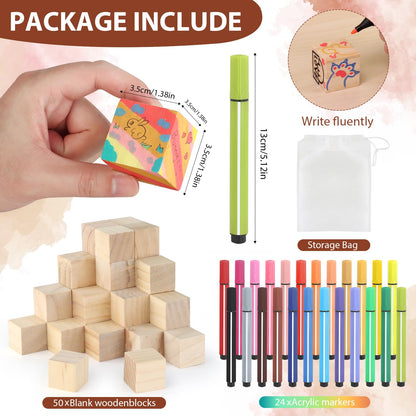 Baby Shower Games Sign Kit with 50 Blank Wooden Baby Blocks, 24 Acrylic Paint Marker and Wooden Sign, Blocks for Baby Shower, Gender Reveals Party(Green)