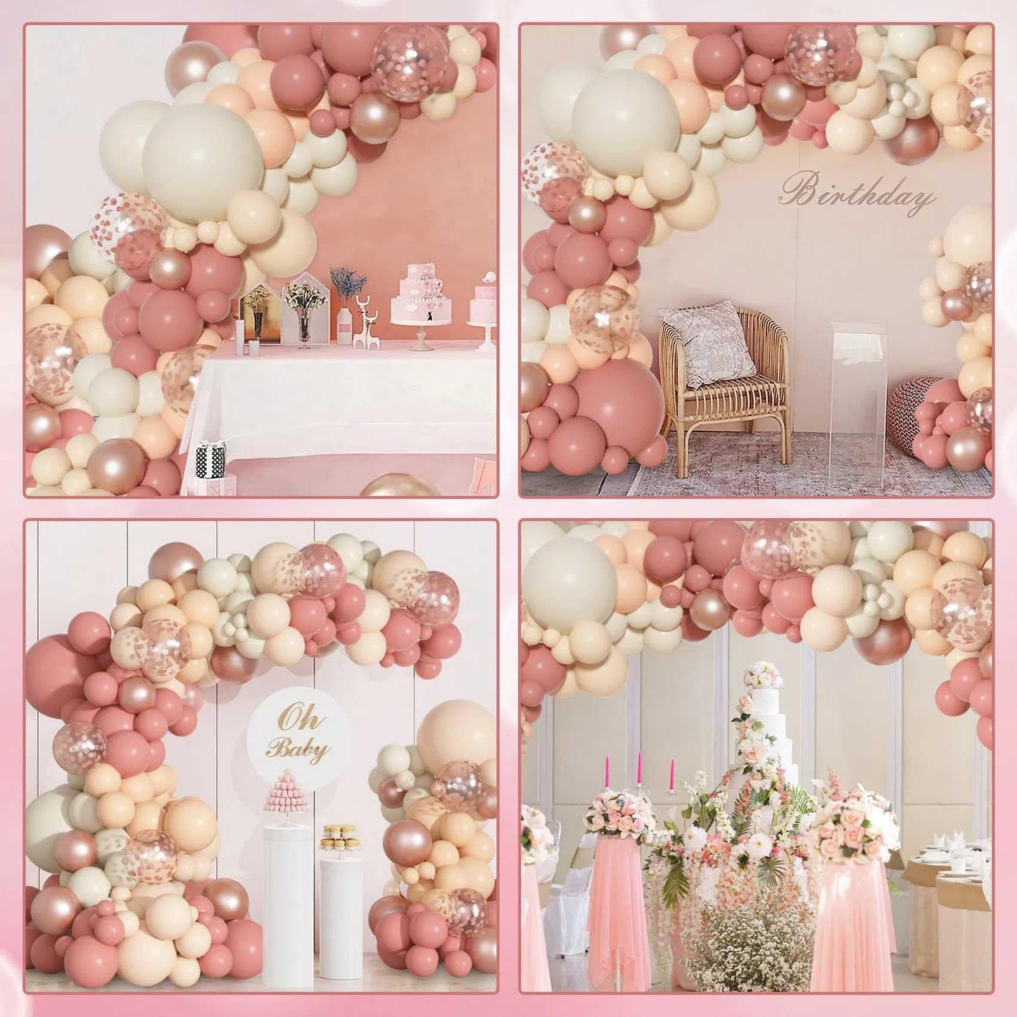 Ouddy Party Dusty Pink Balloons Arch Garland Kit, Different Sizes 18 12 10 5 Inch Boho Pink White Sand Latex Metallic Confetti Balloon for Girl Baby Shower Mothers Day Birthday Party Decorations