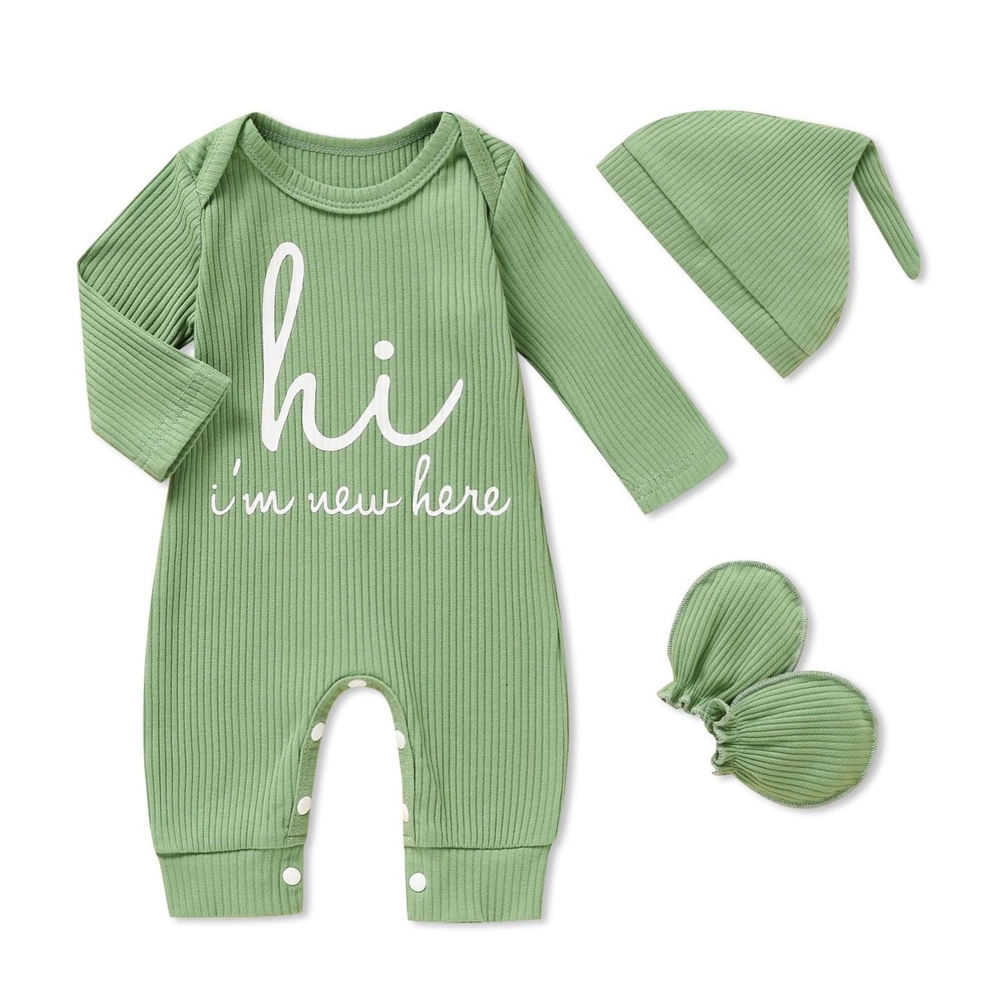 GRNSHTS Newborn Baby Boy Romper Coming Home Outfits Letter Print Bodysuit Jumpsuit+Hat+Gloves 3PCS Clothes Set