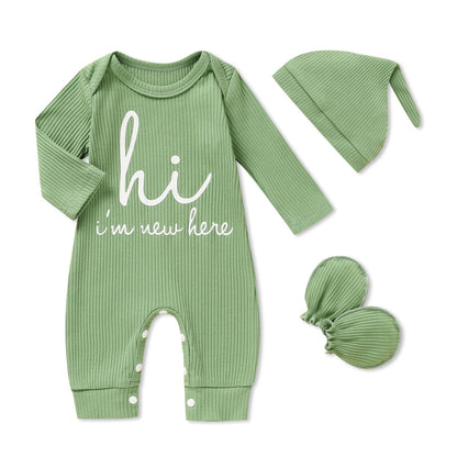 GRNSHTS Newborn Baby Boy Romper Coming Home Outfits Letter Print Bodysuit Jumpsuit+Hat+Gloves 3PCS Clothes Set