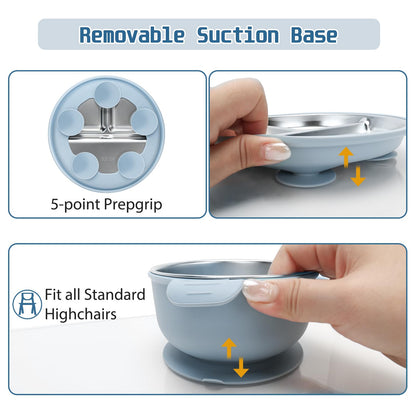Baby Weaning Bundle, Silicone Baby Feeding Set, Comes with Detachable Silicone Stainless Steel Toddlers Plate and Bowl set, Baby Bib and 2-in-1 Water Cup and spoons (Blue)