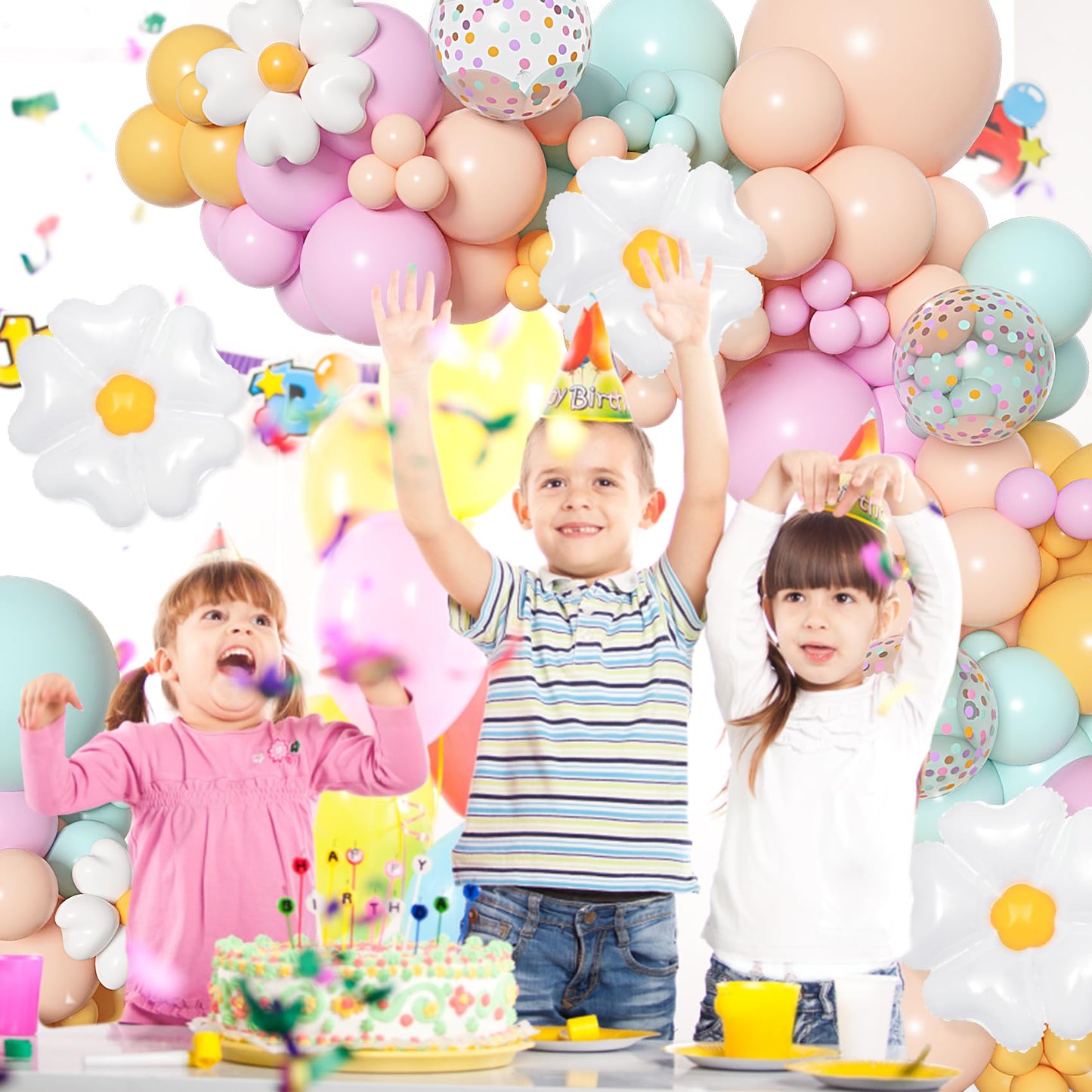 168Pcs Daisy Balloon Arch Garland Kit, Pastel Blue Orange Yellow Purple Confetti Daisy Wild Flower Balloons for Boho Two Groovy One Birthday Floral Girl Baby Shower Spring Wedding Party Decorations