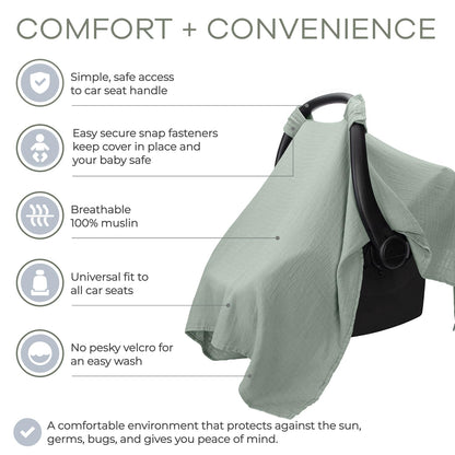 Comfy Cubs Baby Car Seat Cover - Soft, Breathable Bamboo Rayon and Muslin Cotton Blend - Lightweight Canopy for Sun, Bug, and Comfort Protection - Large Size Infant Seat Cover in Sage Design