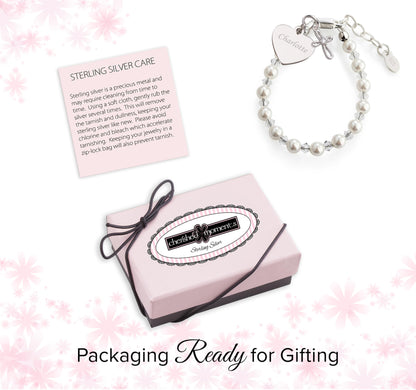 Cherished Moments Sterling Silver Bracelet for Girls with High-End Simulated Pearls and Crystals with a Dainty Infinity Cross Charm