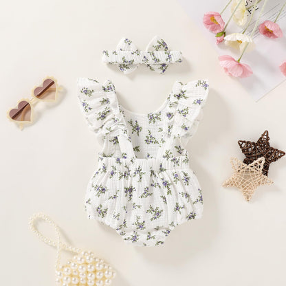 YOUNGER TREE Newborn Baby Girl Clothes Ruffle Sleeve Rompers Infant Backless Floral Jumpsuit Summer Outfits with Headband