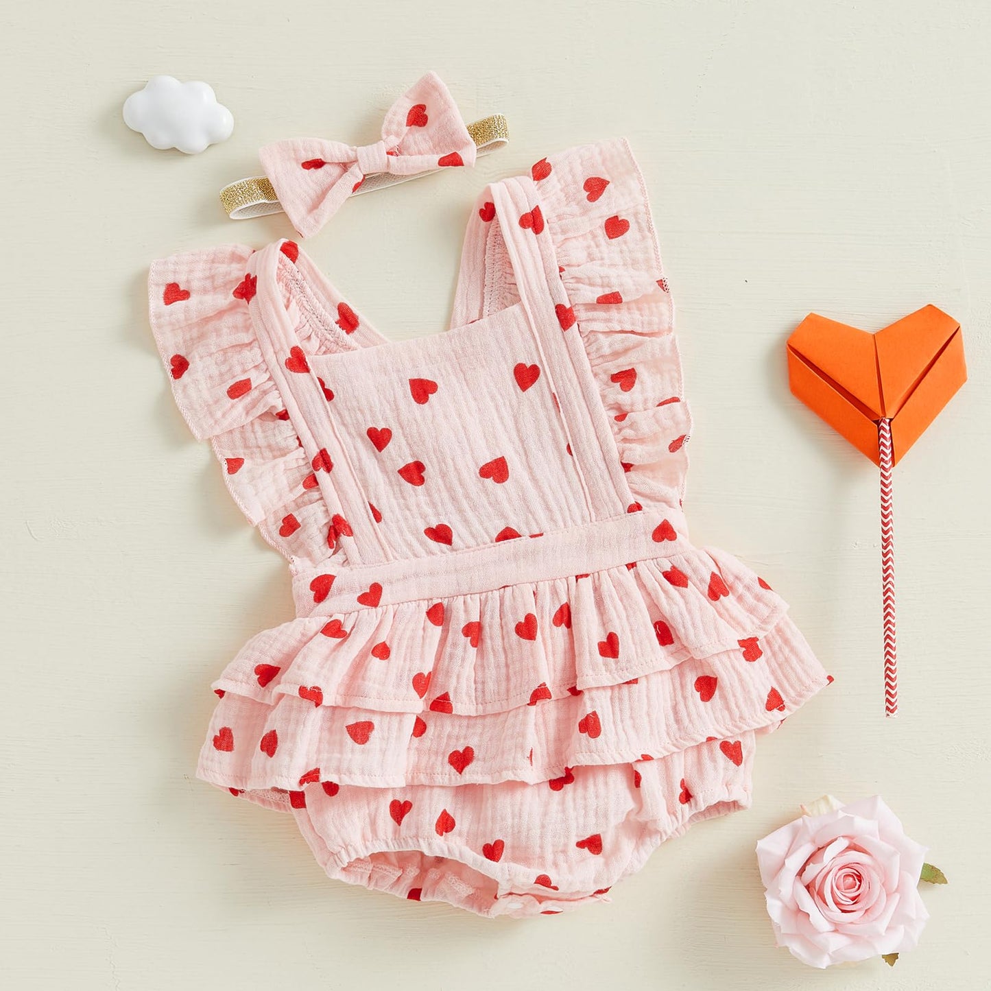 Baby Girls Flutter Sleeve Ruffles Layered Romper Dress Cute Patterns Printed Holiday Outfit with Headband