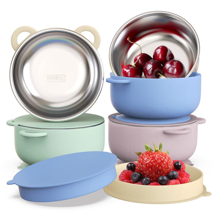 Baby Suction Bowls with Lids 4-Pack, 2-in-1 Stainless Steel 304 Toddler Bowl & Removable Silicone Suction Kids Bowl Plate Set Non Toxic Snack Dishes for Self-Feeding, Sunrise Meadow