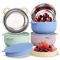 Baby Suction Bowls with Lids 4-Pack, 2-in-1 Stainless Steel 304 Toddler Bowl & Removable Silicone Suction Kids Bowl Plate Set Non Toxic Snack Dishes for Self-Feeding, Sunrise Meadow