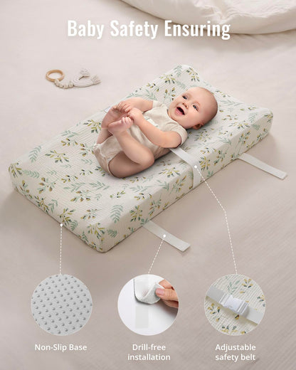 Blissful Diary Muslin Baby Changing Pad with Waterproof Lining Foam, Diaper Changing Table Pad with Cover for Dressers (Monstera, Avocado)