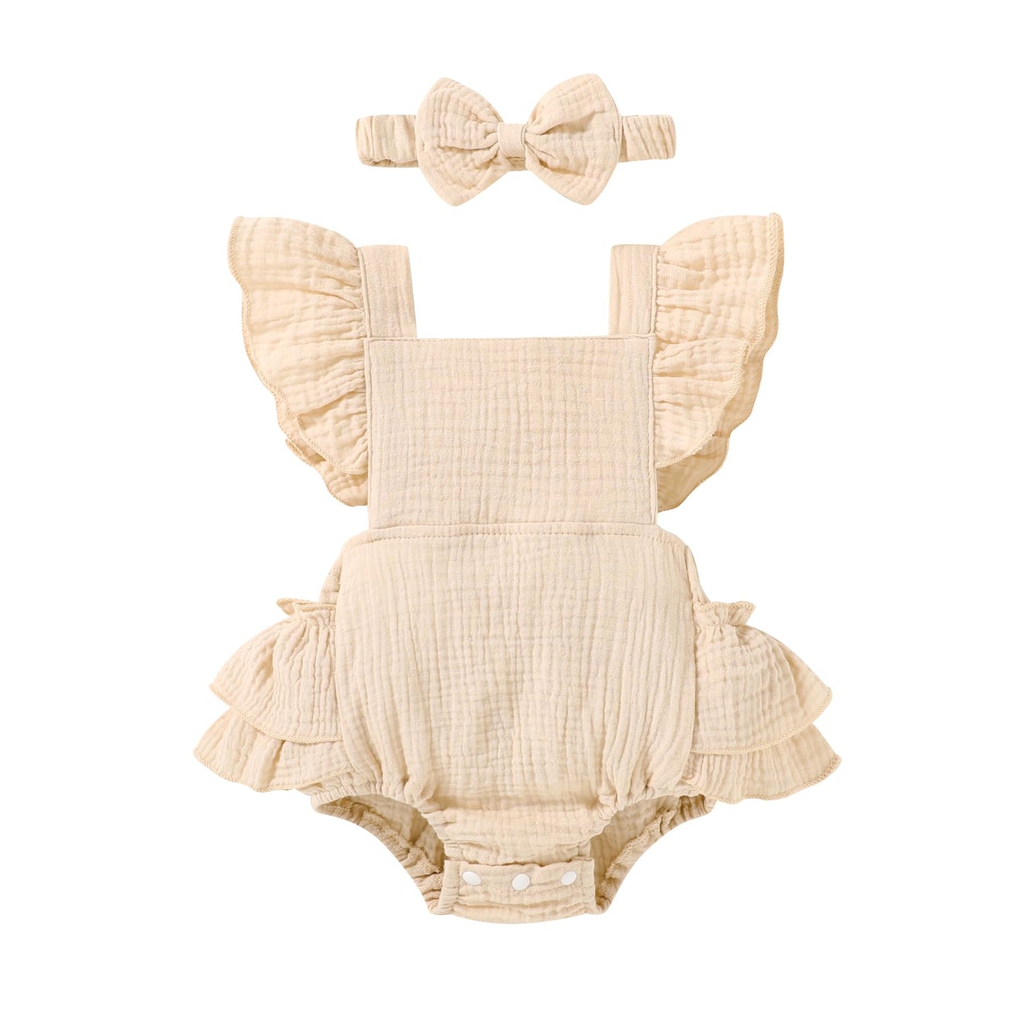 Happy Town Baby Girl Clothes Toddler Summer Linen Romper Sleeveless Ruffle Outfits Infant Girls Jumpsuit with Headband