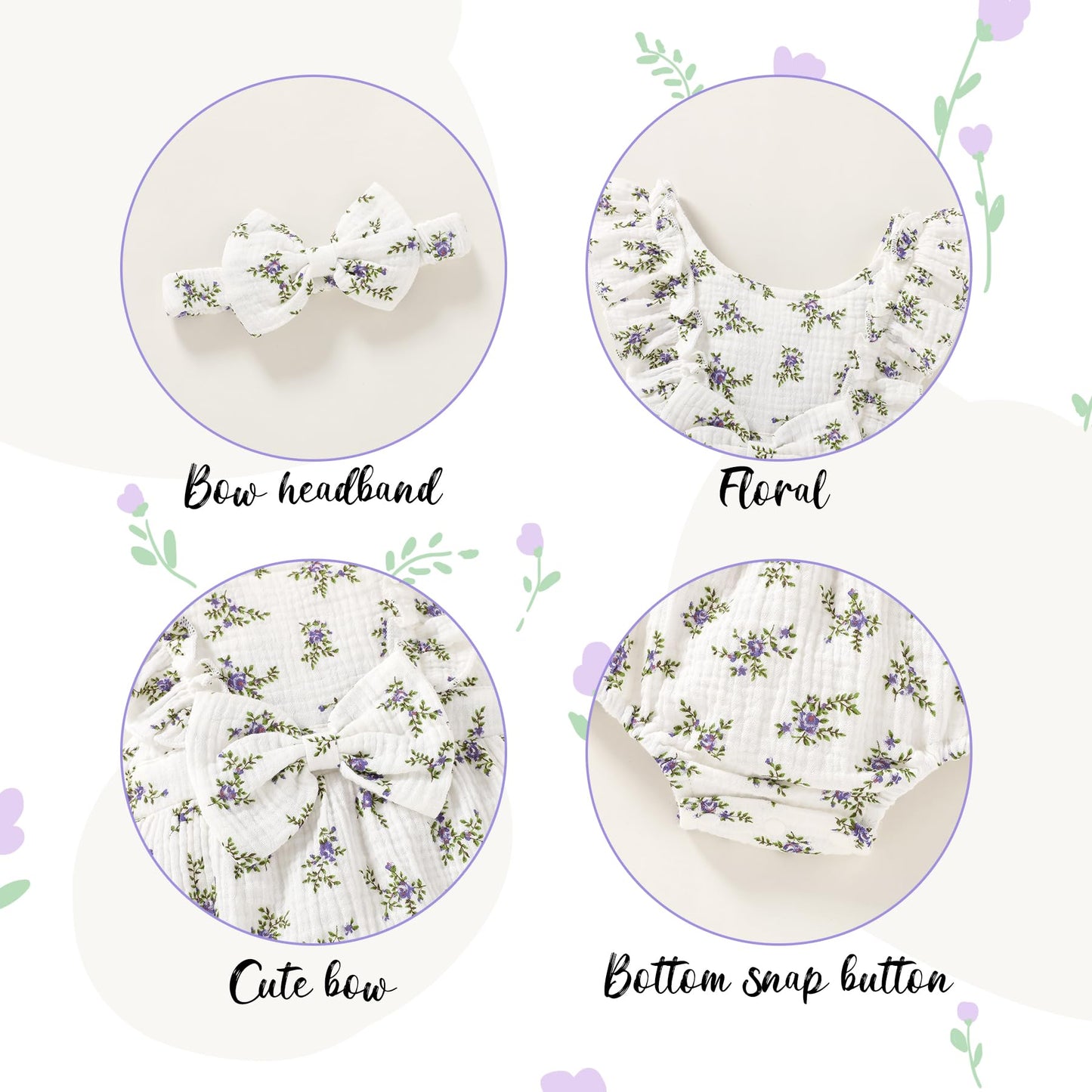 YOUNGER TREE Newborn Baby Girl Clothes Ruffle Sleeve Rompers Infant Backless Floral Jumpsuit Summer Outfits with Headband