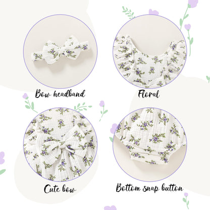 YOUNGER TREE Newborn Baby Girl Clothes Ruffle Sleeve Rompers Infant Backless Floral Jumpsuit Summer Outfits with Headband