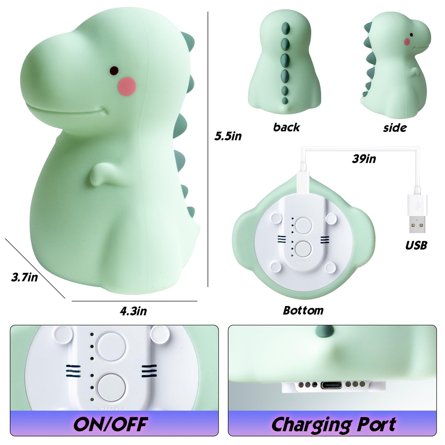Children's Dinosaur Night Lamp, 7-Color Adjustable Breathing Dinosaur lamp, Portable Rechargeable LED Bedside lamp for Kindergarten, Boys and Girls' Toy Christmas Gift (Green)