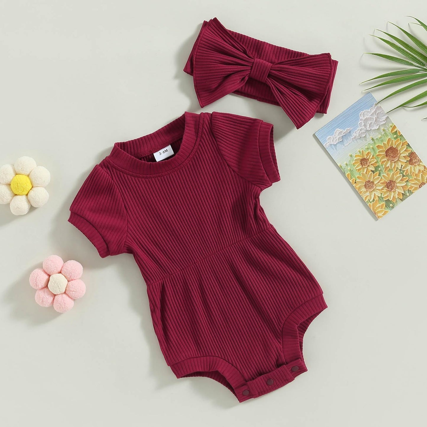 Baby Girl Summer Clothes Ribbed Short Sleeve Romper Solid Color Bodysuits Bow Headband Outfit Newborn Girl Jumpsuit