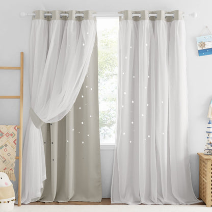 NICETOWN Nursery Curtains for Kids, Farmhouse Blackout Curtain Panels for Bedroom, Double Layer Star Hollow-Out Grommet Aesthetic Living Room Toddler Window Curtains, 2 Pcs, W52 x L84, Biscotti Beige