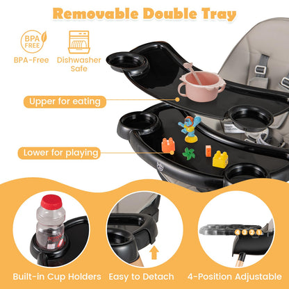 BABY JOY 6 in 1 High Chair, Convertible High Chairs for Babies and Toddlers/Booster Seat/Table and Chair Set, Infant Wooden Highchair w/ 5-Point Harness, 4-Position Removable Tray & PU Cushion, Coffee