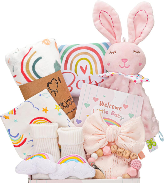 Baby Girl Gifts,New Mom Gifts, for Girls,Unique Baby Gifts Basket Essential Stuff,Gender Reveal Gifts,Onesie,Blanket,Rattle, Socks,Gift Card