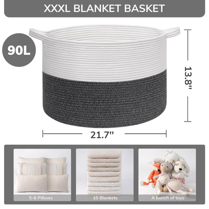 INDRESSME XXXLarge Cotton Rope Basket 21.7" x 21.7" x 13.8" Woven Baby Laundry Blanket Basket Toy Baskets with Handle Storage Comforter Cushions Thread Laundry Hamper