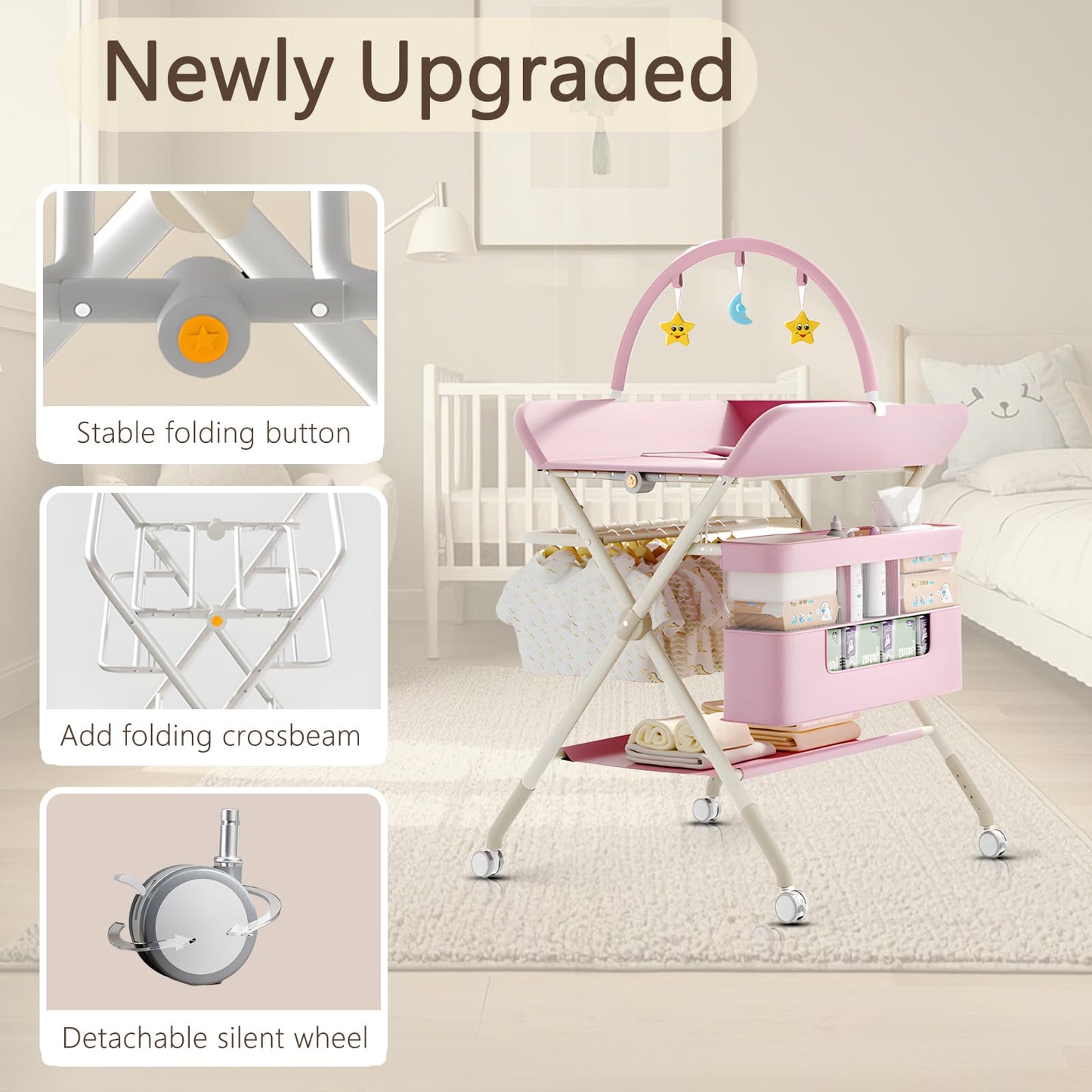 Foldable Portable Changing Table for Baby,Upgraded Style Baby Portable Diaper Changing Station with Wheels,Nursery Five Level Adjustable Height Changing Table with Organizer Storage(Green)