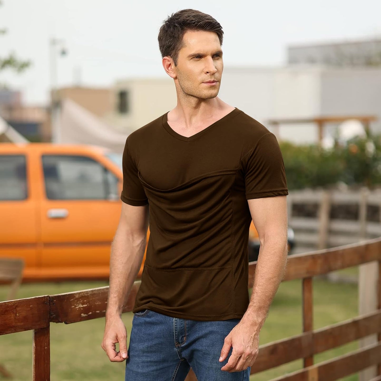 Mens Baby Carrier Shirt V Neck Short Sleeve T-Shirts for Men Skin to Skin T-Shirt with Pocket