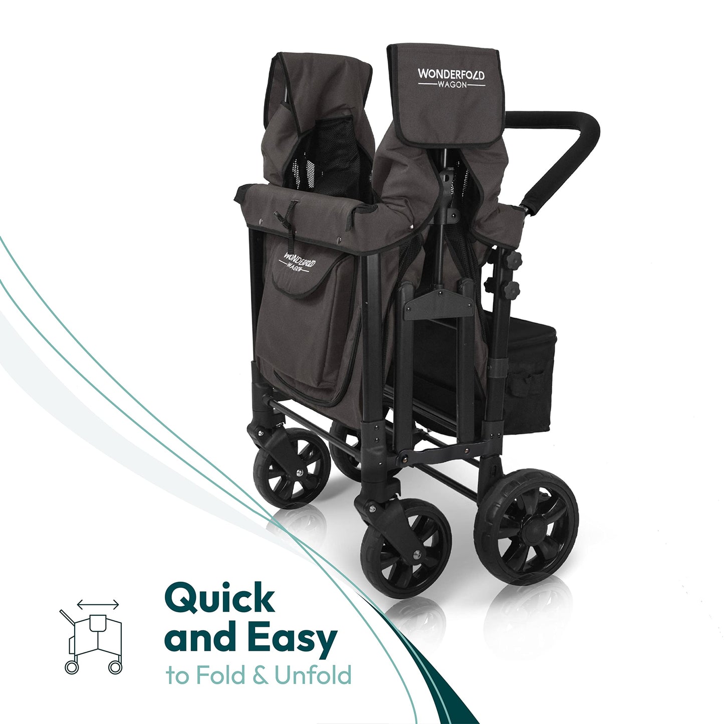 WONDERFOLD W4 Original Stroller Wagon (4 Seater) - Collapsible Wagon Stroller with Seats with 5-Point Harnesses, Easy Access Zipper Door, and Removable Sun Canopy, Black