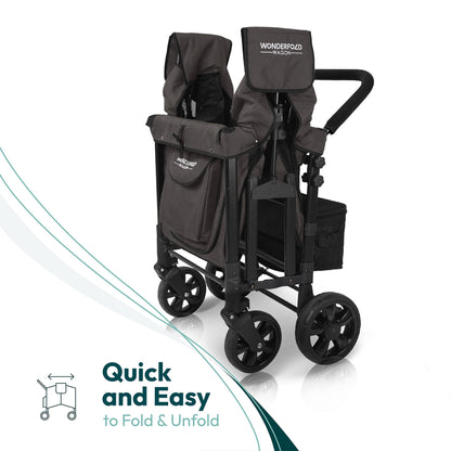 WONDERFOLD W4 Original Stroller Wagon (4 Seater) - Collapsible Wagon Stroller with Seats with 5-Point Harnesses, Easy Access Zipper Door, and Removable Sun Canopy, Black