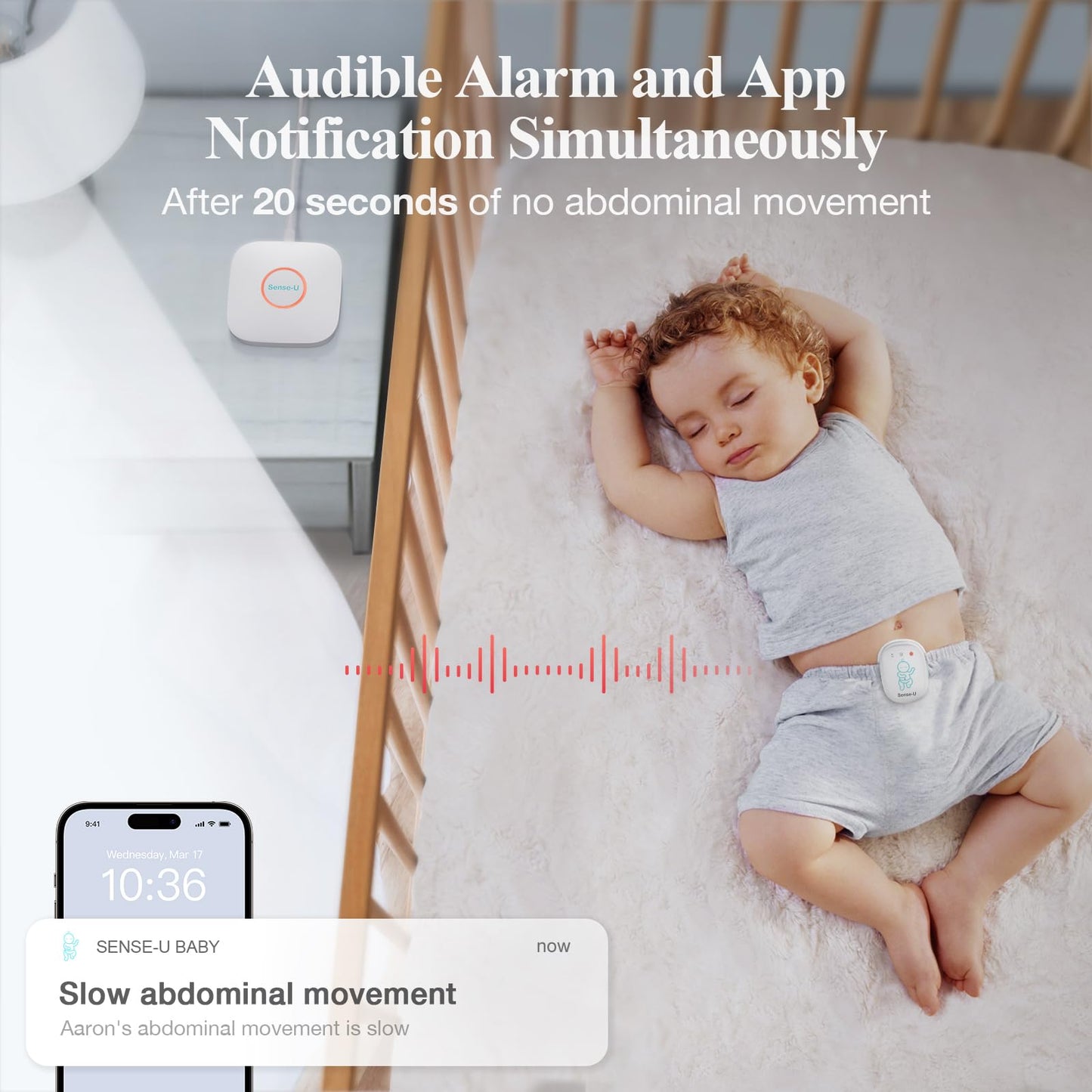 Sense-U Pro Baby Movement Monitor with Arousal Vibration, Movement/Rollover/Overheating Alerts, Audible & App Notifications, Easy Clip-On Design, Smart Sleep Monitor, FSA/HSA Eligible