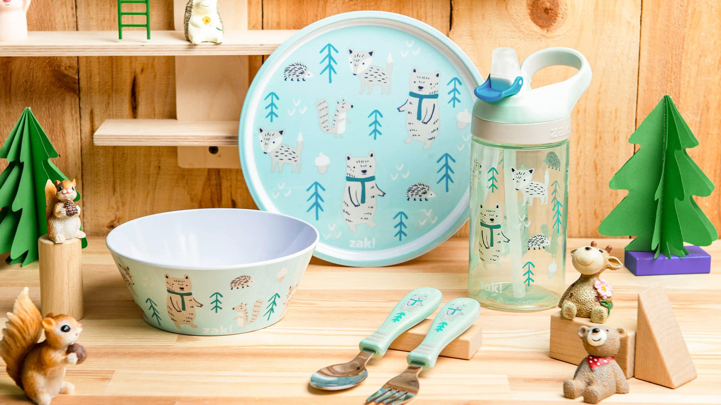 Zak Designs 5-Piece Dinnerware Set, Baby Shark - Durable Plastic & Stainless Steel - Includes Water Bottle, 8-Inch Plate, 6-Inch Bowl, Fork & Spoon - Suitable for Kids Ages 3+
