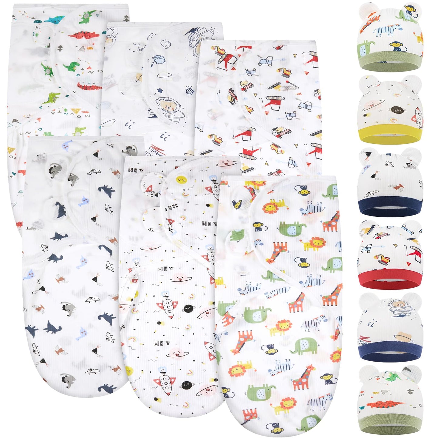 Ramede 6 Pack Baby Swaddle Blanket with Hats Sleep Swaddle for 0-3 Months Newborn Sacks Soft Cotton Wearable for Boy Girl