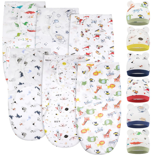 Ramede 6 Pack Baby Swaddle Blanket with Hats Sleep Swaddle for 0-3 Months Newborn Sacks Soft Cotton Wearable for Boy Girl