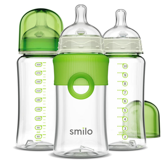 Smilo Baby Bottle Set with Stage 0 Slow Flow Anti Colic Nipple, 10 Oz / 300 ml Capacity, 3X Pack of Anti Colic Baby Bottles 0-3 Months - Aqua Blue