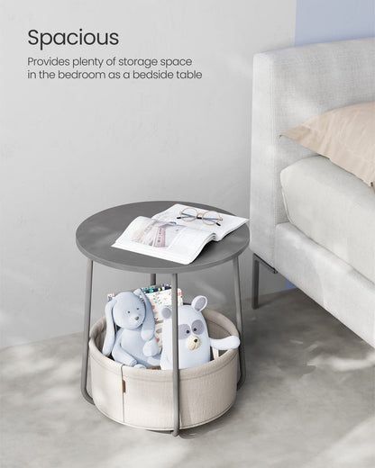 VASAGLE End Table, Small Bedside Table with Fabric Basket, Modern Nightstand, Round Side Table, for Living Room, Bedroom, Matte White and Camel Brown ULET223W10