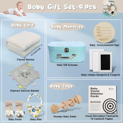Baby Shower Gifts Set for Boys: Newborn Basket Kit 9 Pcs with Baby Blanket Rattle Bib and More - Unique and Personalized Baby Essentials for New Mom