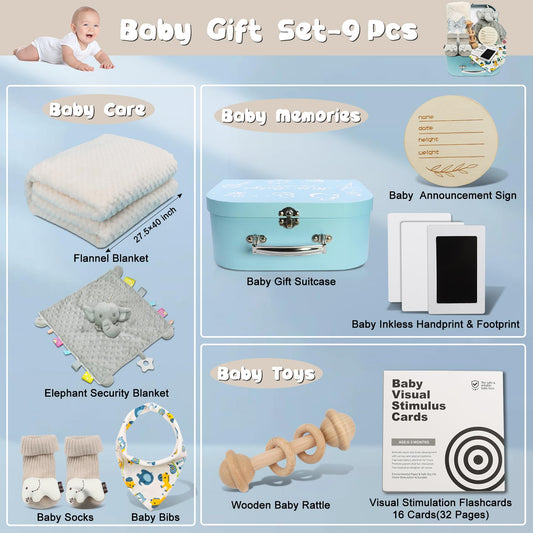 Baby Shower Gifts Set for Boys: Newborn Basket Kit 9 Pcs with Baby Blanket Rattle Bib and More - Unique and Personalized Baby Essentials for New Mom