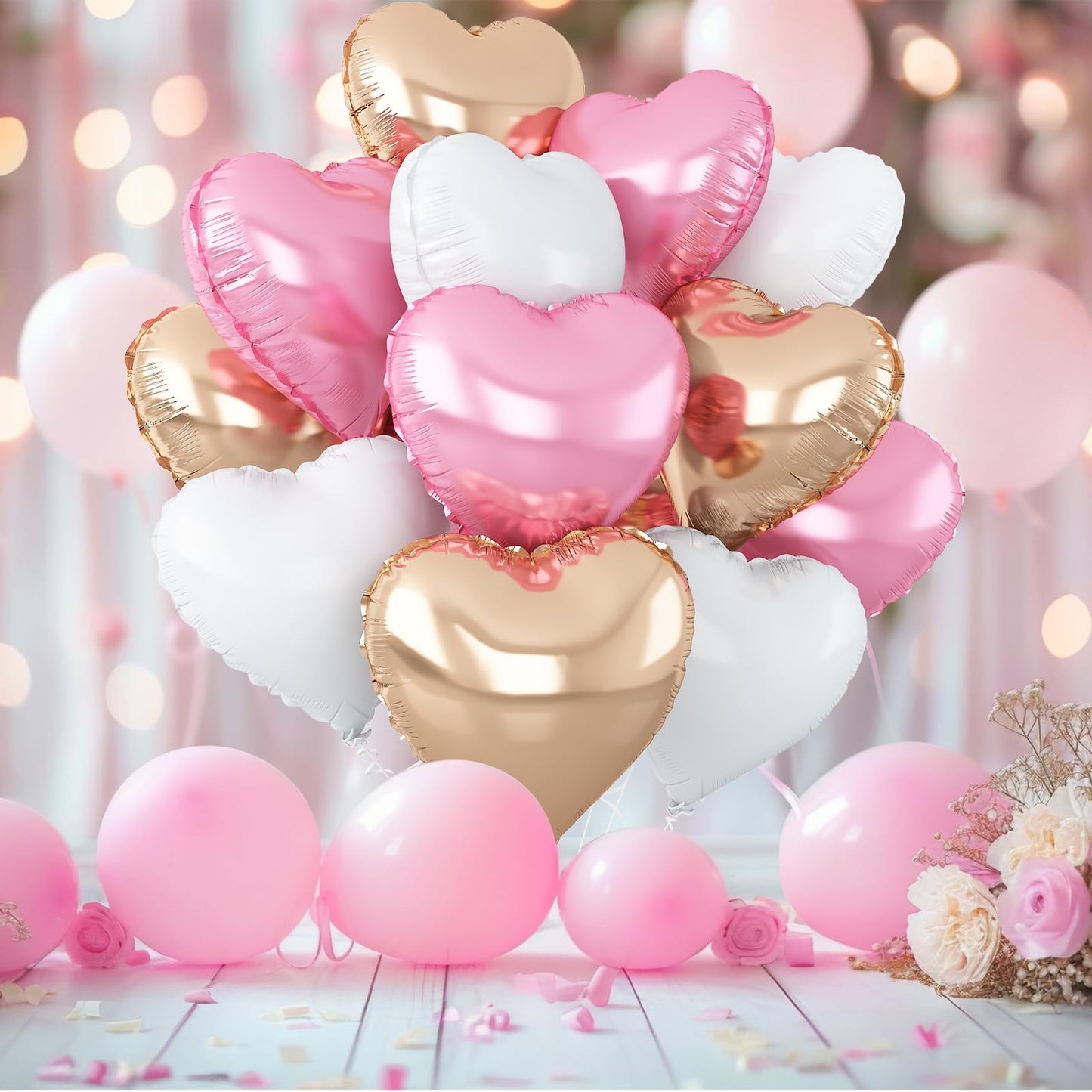 Sage Green Gold Heart Balloons,12Pcs Light Gold Heart Shaped Foil Balloons,18Inch Cream White Helium Mylar Balloon for Baby Shower Birthday Anniversary Wedding Party Decorations