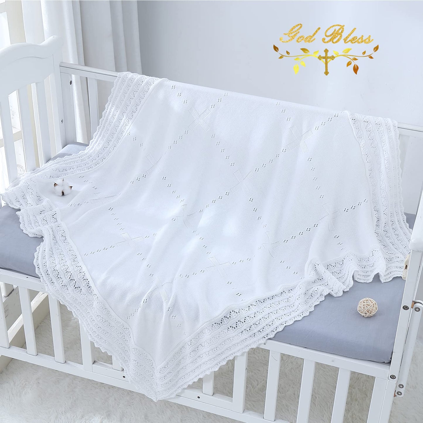 Booulfi Knit White Baby Blankets Neutral,Crib Stroller Newborn Blankets for Boys Girls,Cotton Lace Crochet Winter Blanket Nursery Blanket New Baby Essentials, 38X39