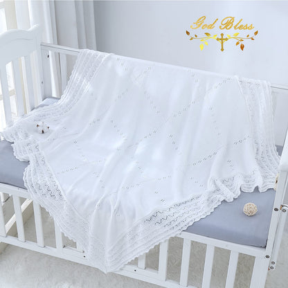 Booulfi Knit White Baby Blankets Neutral,Crib Stroller Newborn Blankets for Boys Girls,Cotton Lace Crochet Winter Blanket Nursery Blanket New Baby Essentials, 38X39