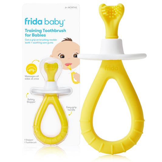 Frida Baby Grow-with-Me Baby Toothbrush Training Set | Infant to Toddler Toothbrush 0-12 months, Cleans All Sides at Once, Oral Care for Sensitive Gums | Yellow