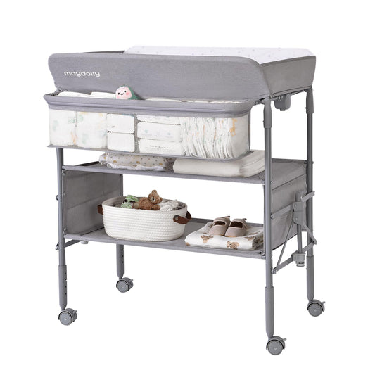 Baby Changing Table with Wheels, Maydolly Portable Foldable Changing Table, Waterproof Diaper Changing Station, Adjustable Height Changing Station, Mobile Nursery for Newborn and Infant (Grey)