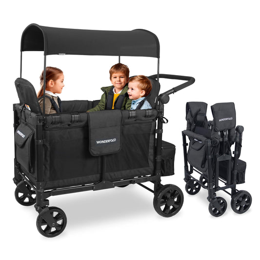 WONDERFOLD W4 Original Stroller Wagon (4 Seater) - Collapsible Wagon Stroller with Seats with 5-Point Harnesses, Easy Access Zipper Door, and Removable Sun Canopy, Black