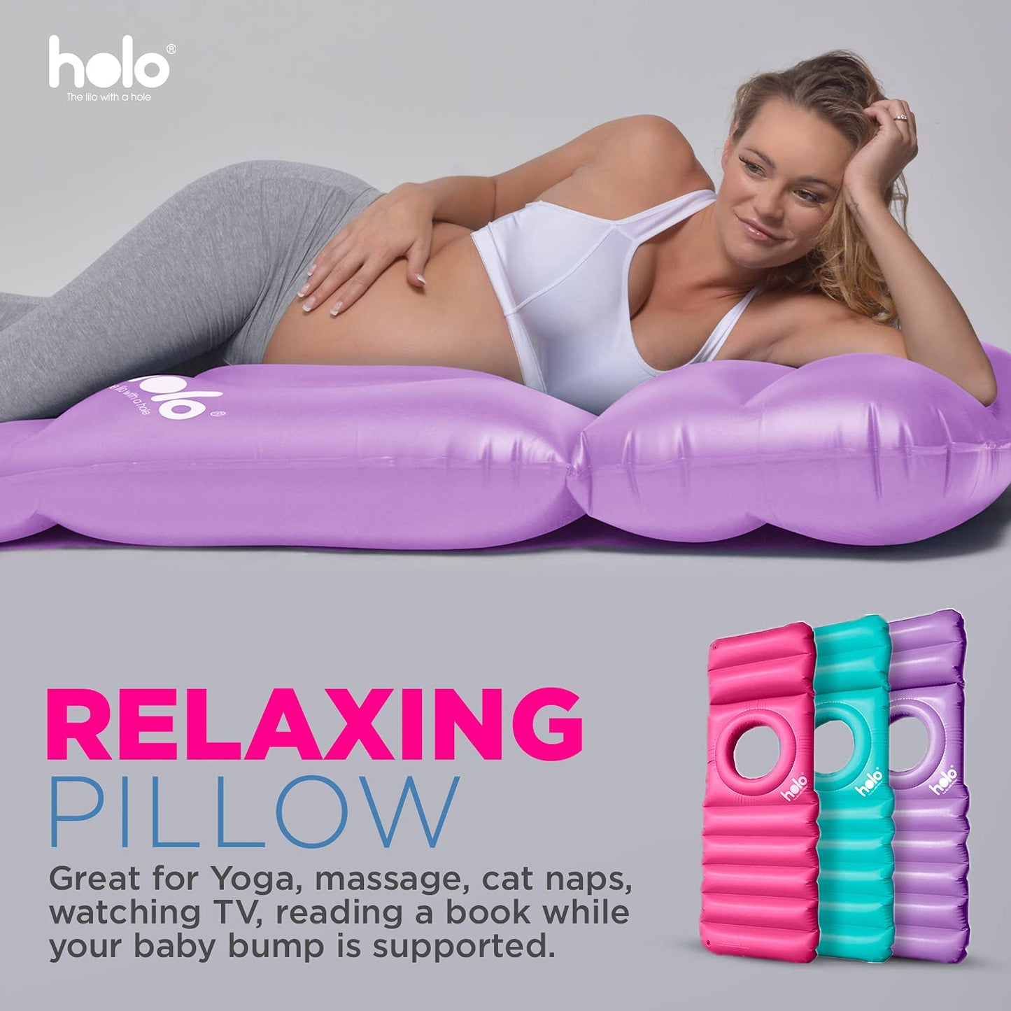 HOLO The Original Inflatable Pregnancy Pillow - Full Body Maternity Airbed/Float with Hole for Tummy - Sleeping Support & Comfort - Say Goodbye to Pregnancy Related Aches and Pains (White Sand)