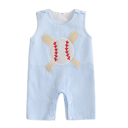 Baby Boy Summer Clothes Sleeveless Embroidery Dinosaur Striped Retro Romper Jumpsuit Smocked Shortall