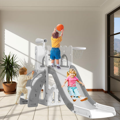 6 in 1 Toddler Slide for Toddler Age 1-3,Kids Climber Slider for Indoor Outdoor Playground with Basketball Hoop,Storage and Telescope,L Shaped Slide for Toddler Climber Playset