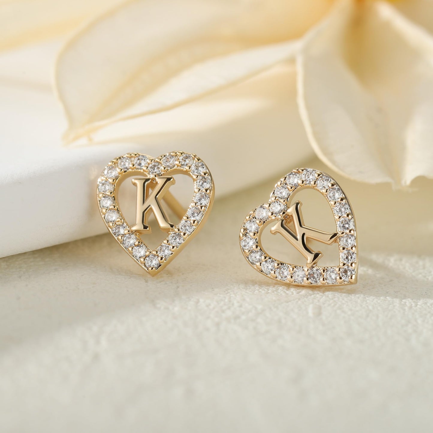 Anoup Heart Initial Stud Earrings - Gifts for Girls, Sterling Silver Post 14K Gold Plated All Over Hypoallergenic | CZ Simulated Diamond Stud Earrings | Birthday Gifts for Kids Toddlers Daughter