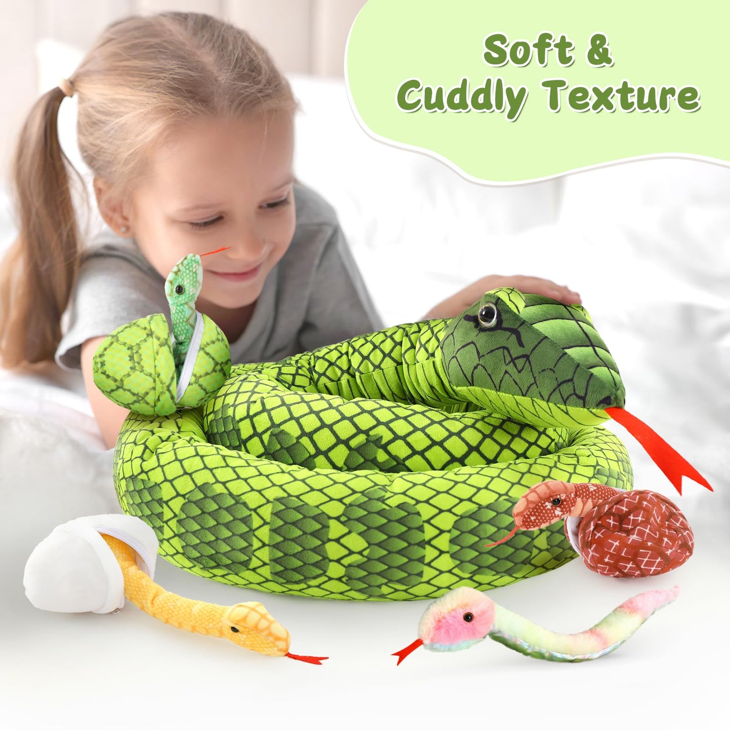 MorisMos Snake Stuffed Animals Plush Toy 120 Inch Giant Snake Plush with Babies Stuffed Snake Toys for Kids Plush Party Decorations Favors Prank Props, 4 Snake Babies, 3 Snake Eggs