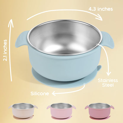 Bella’s Friends Stainless Steel and Silicone Baby Bowls with Suction 3 Pack, 4.3” for Toddlers Kids Feeding, Non-Slip, Non-Toxic, Mess-Free, Dishwasher Safe, Fit High Chair Size, light pink beige pink